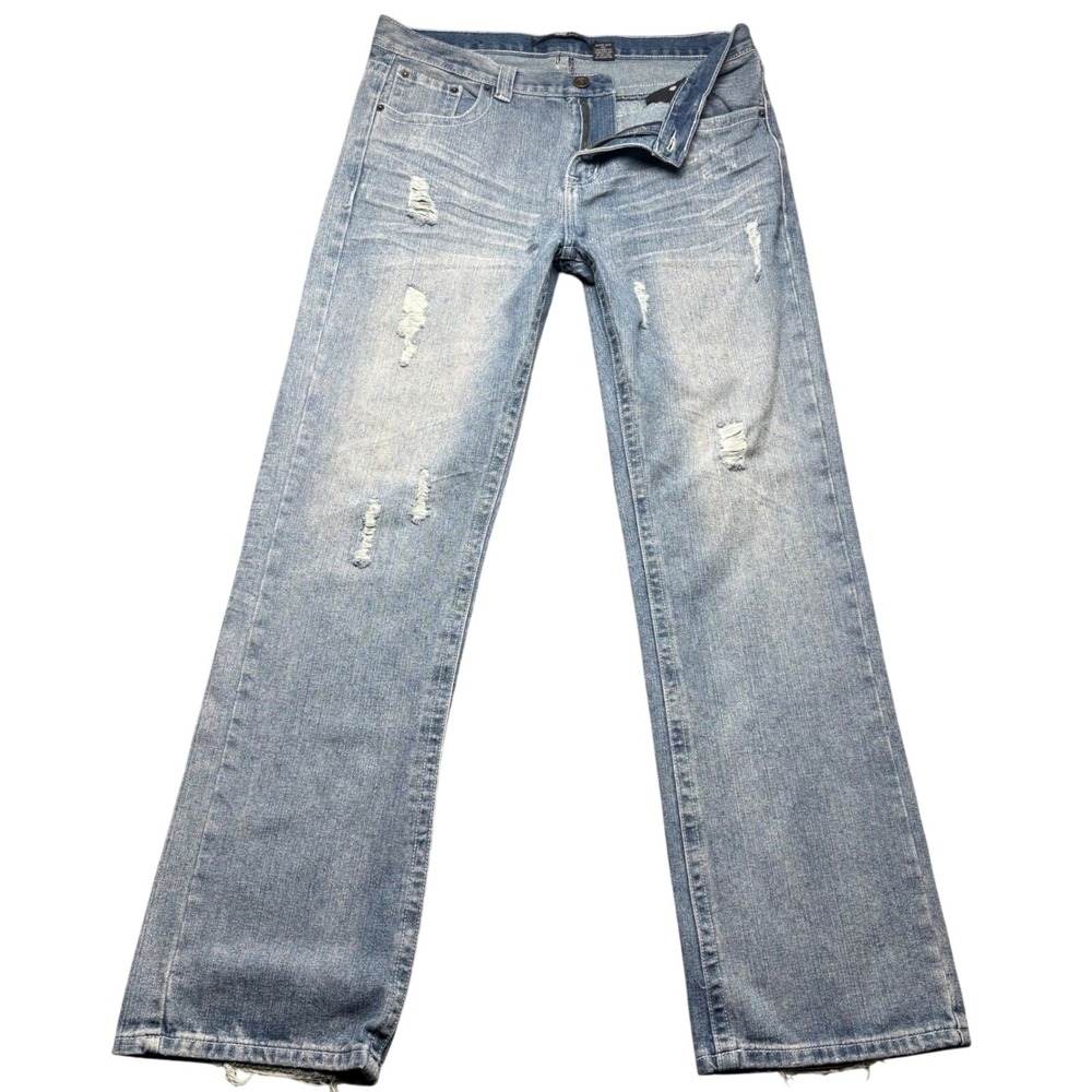 EJ Black‎ Jeans Mens 34 Light Wash Cross Embroidered Distressed Straight Leg Y2K - Picture 2 of 11